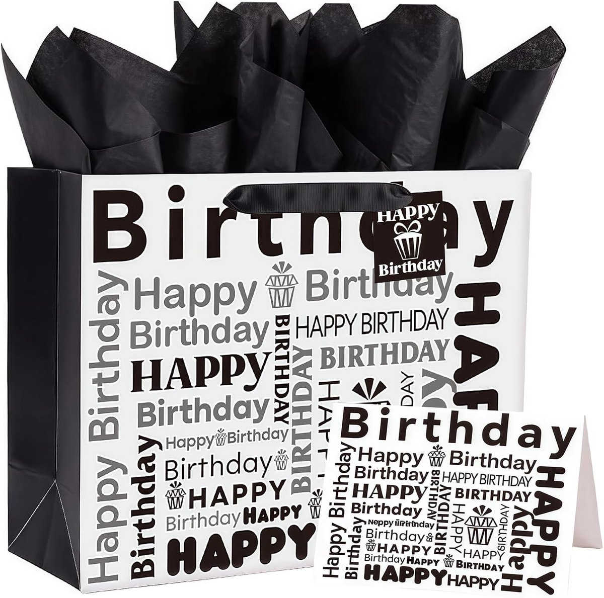 SnelShoppen - Luxe Cadeauzak Large 33x12x26 cm Zwart/Wit met Wenskaart en Tissuepapier - Perfect voor Verjaardagen, Feesten, Cadeaus voor Vrouwen en M