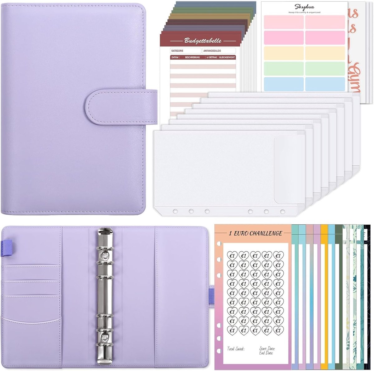 SnelShoppen - A6 Ring Binder Budget Planner met 100 Uitdaging Enveloppen, Geldbesparende Organizer, Purple PU Leer, Perfect voor Budgettering en Spaar