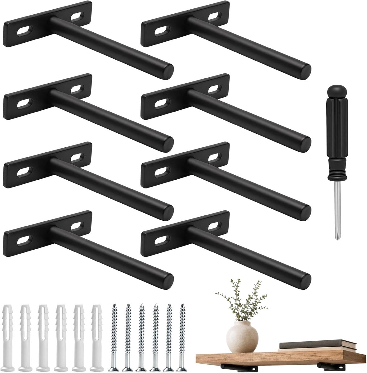 SnelShoppen - 8 stuks 100 mm Onzichtbare Plankdragers Zwevende Planksteunen Massief Staal Zwart voor Wandplanken Verborgen Montage Keuken Woonkamer Ka