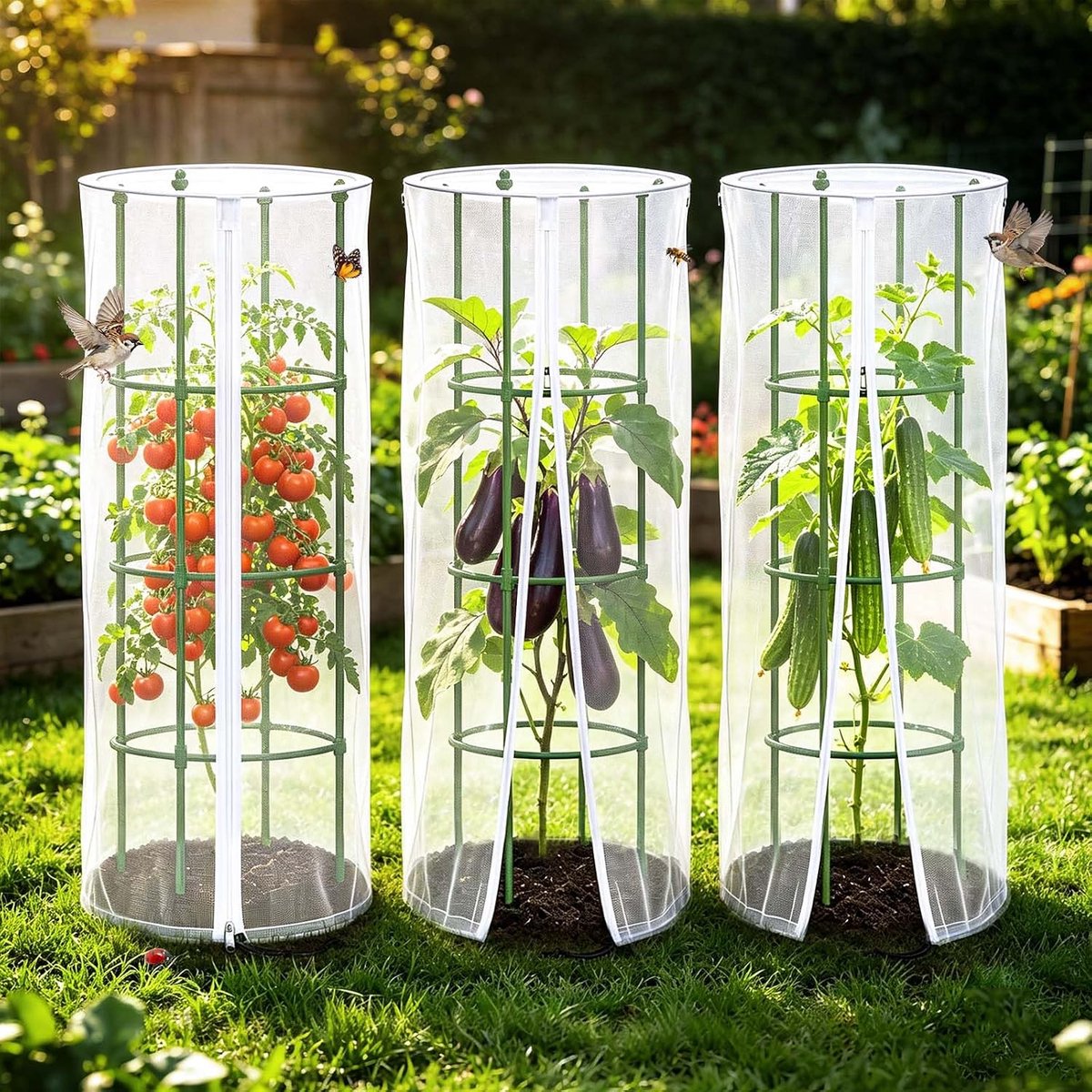 SnelShoppen - Groentebeschermingsnet Set van 3, Insectennet, Tuinnet Ø46 cm x 1,5 m, Fijnmazig 60-Mesh PE Materiaal met Ritssluiting en Trekkoord voor