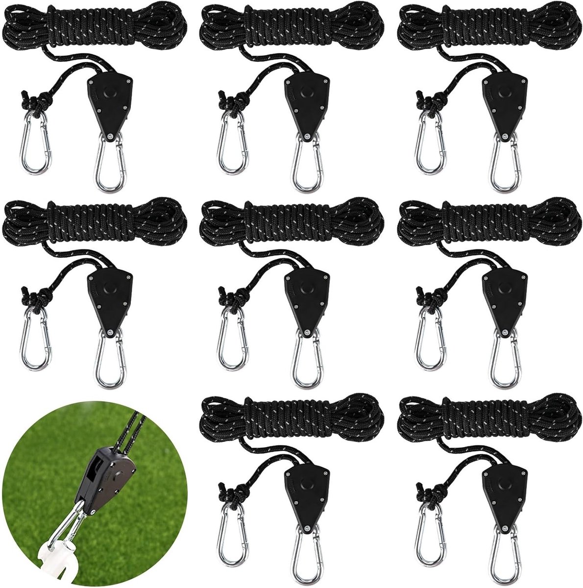 8 Ratelhangers met 4 m Scheerlijnen en Kabelspanner - Ideaal voor Planten, Ventilatoren en Lichtinstallaties (Zwart)