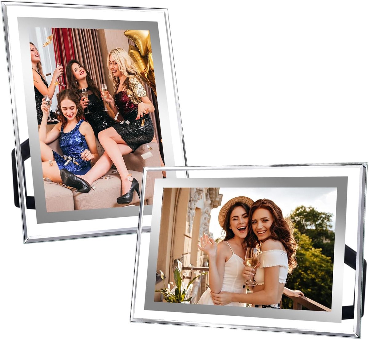 SnelShoppen - 2 Stuks 18 x 14cm Glazen Fotolijst met Zilveren Rand, Duurzaam Glas Fotolijsten Set voor Bruiloft, Huis, Kantoor, Decoratie, Luxe Design