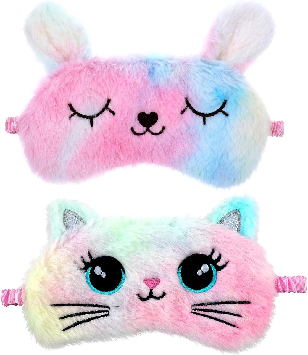 Thijox - 2 Stuks Pluche Oogmasker Schattig Dieren Slaapmasker voor Kinderen en Volwassenen - Zacht en Comfortabel, Veelkleurig Kat en Konijn Stijl, Pe