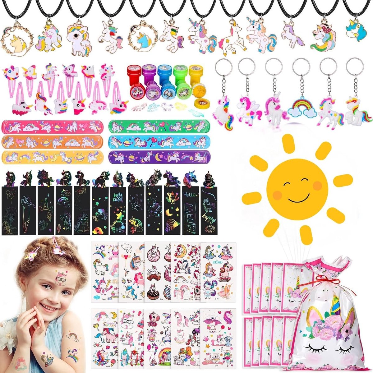 SnelShoppen - Unicorn Party Gifts voor Kinderen, 104 Delen, Feestelijke Verjaardag Cadeaus, Sleutelhangers, Tatoeages, Gift Bags voor Meisjes van 3-12