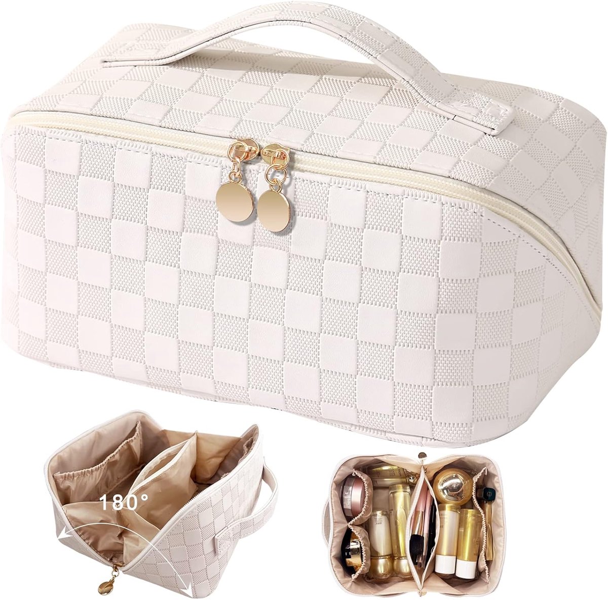 SnelShoppen - Grote Cosmeticatas voor Vrouwen, Mode Toilettas, Ruimtebesparend, Wit Geruit, Ideaal voor Reizen, Dagelijks Gebruik, Makeup Organiser, 2