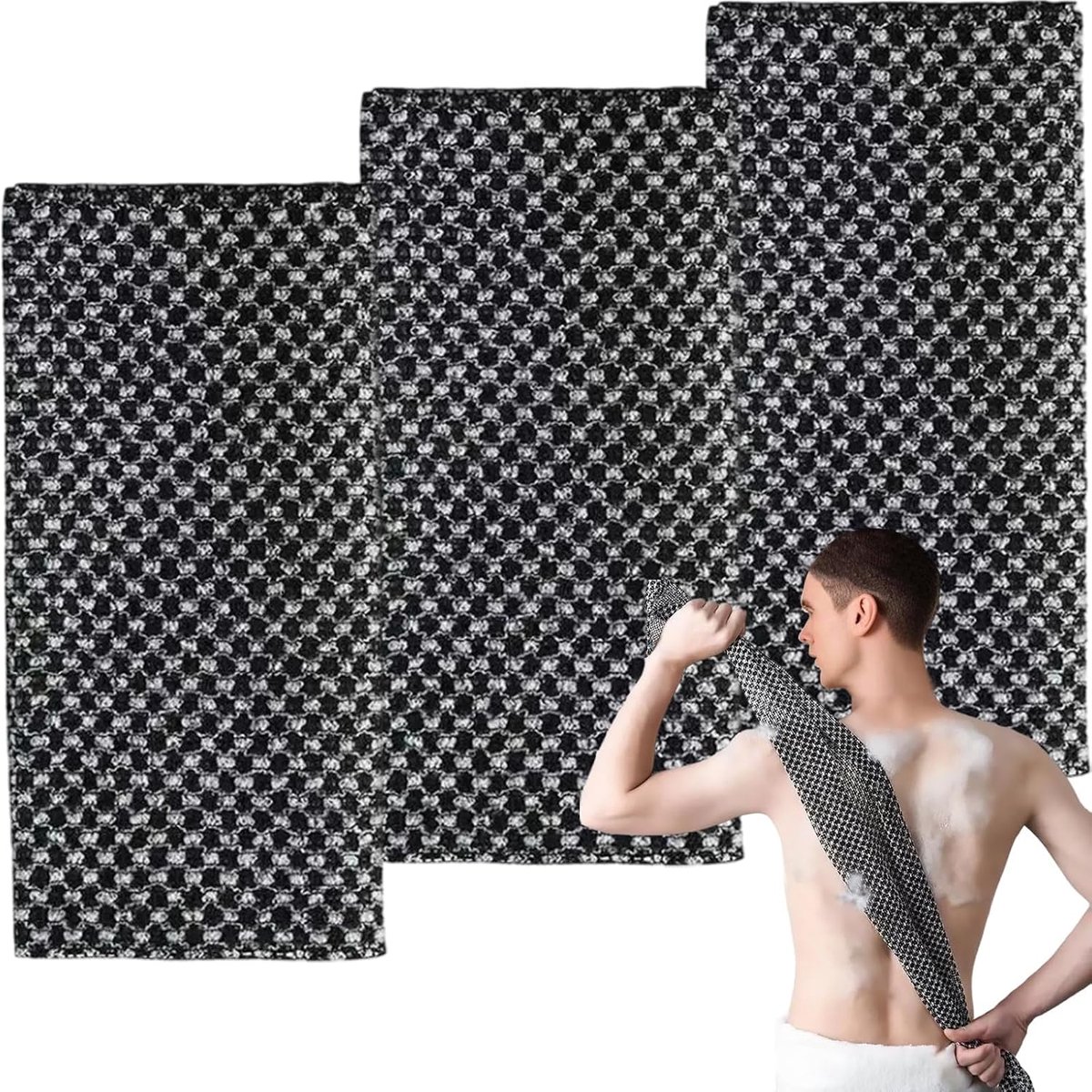 SnelShoppen - 3-delige Japanse Rug Scrubber, Exfoliërende Douchetowel, Extra Lange Towel voor Gezicht en Lichaam, Zwart, Voor Volwassenen en Kinderen