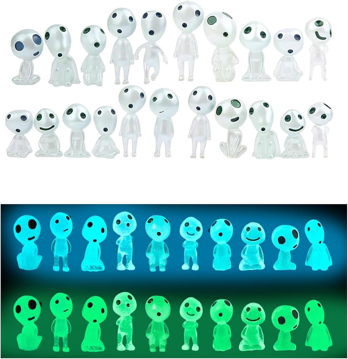 SnelShoppen - 20 Luminous Bunelves Mini Tuindecoratie Figuren voor Micro Landschap, Blauwe/Groene Kodama Elfjes, Duurzaam en Weerbestendig voor Tuin e