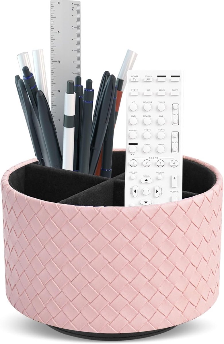 SnelShoppen - Round Pen Holder - Leder, 360 Graden Rotatable, Remote Control Holder, Desk Organizer voor Pennen, Kantoorbenodigdheden, Roze - Multifun