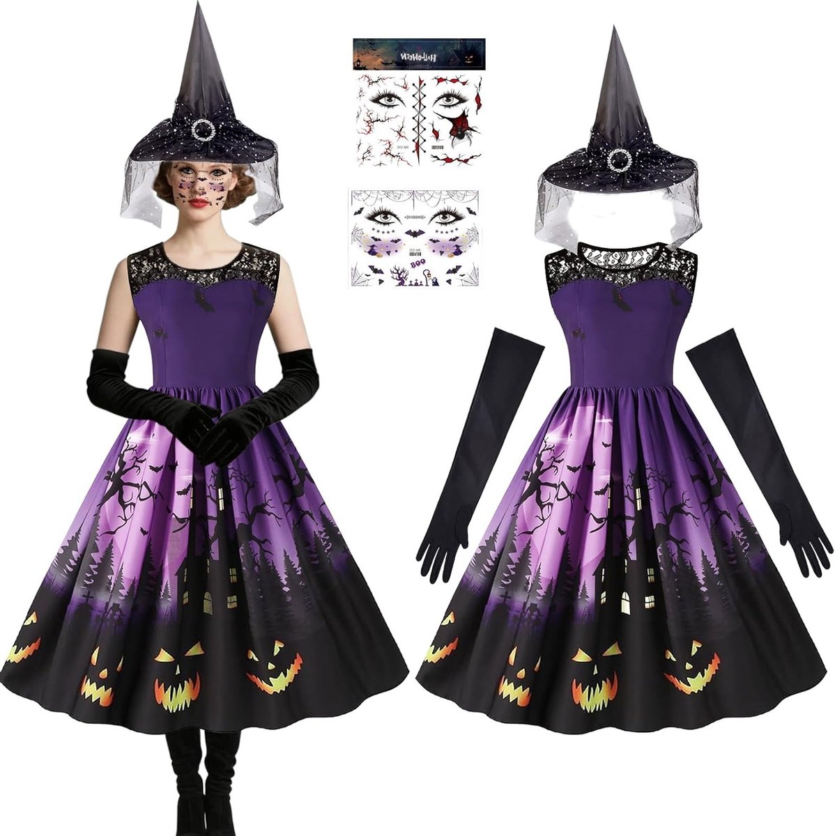 Halloween Kostuum Dames Set met Heksenhoed, Handschoenen, Jurk en Gezichtsstickers voor Volwassenen - Perfect voor Halloween en Carnaval Feesten