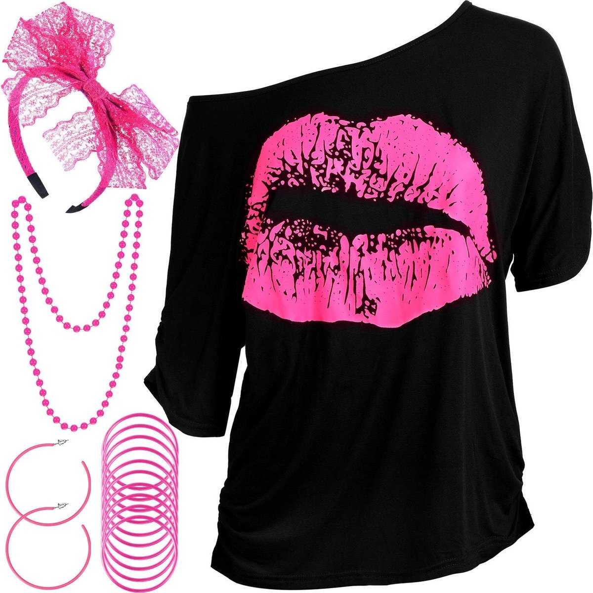80s Halloween Kostuumaccessoires voor Vrouwen - Lips Print T-shirt, Kanten Haarband, Oorbellen en Sieraden Set