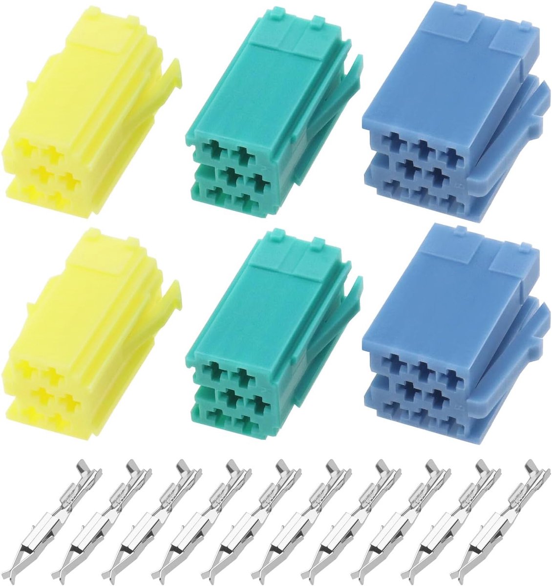 SnelShoppen - 2 Sets Mini ISO Connector Housing met Pins voor Auto Radio - CD Changer, Line In - Aux, DAB - Blauwe, Gele en Groene Stekkers - 40 Stuks