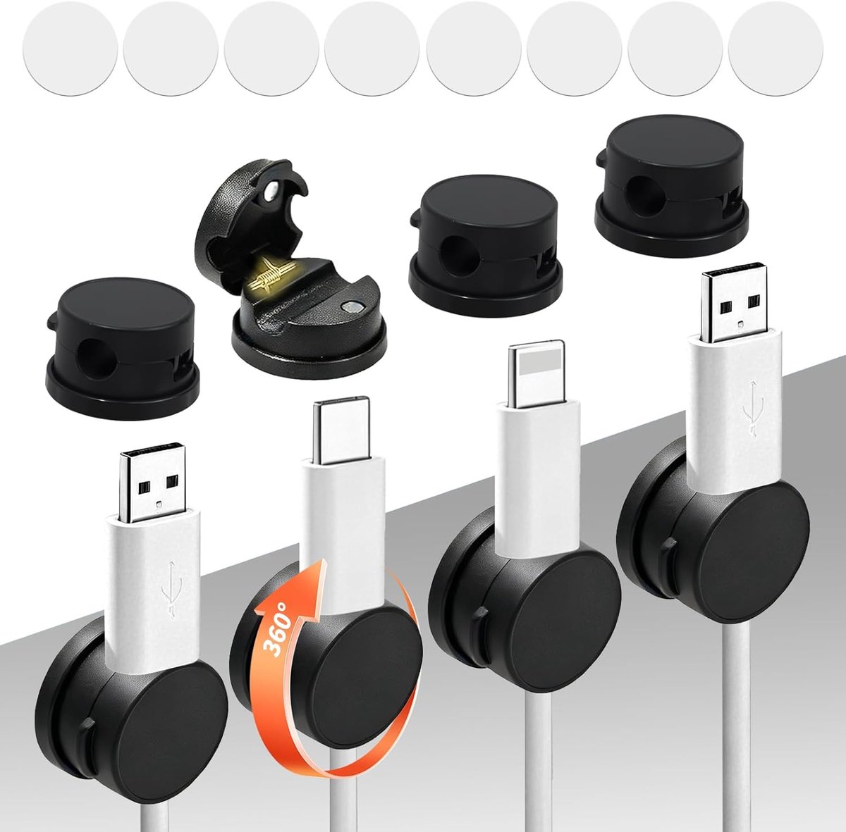 SnelShoppen - Kabelhouder Zelfklevend 360° Draaibaar - 8 Stuks Kabelclips voor HDMI, USB, AUX Kabels - Magnetische Bureau Kabelbeheer - Zwart