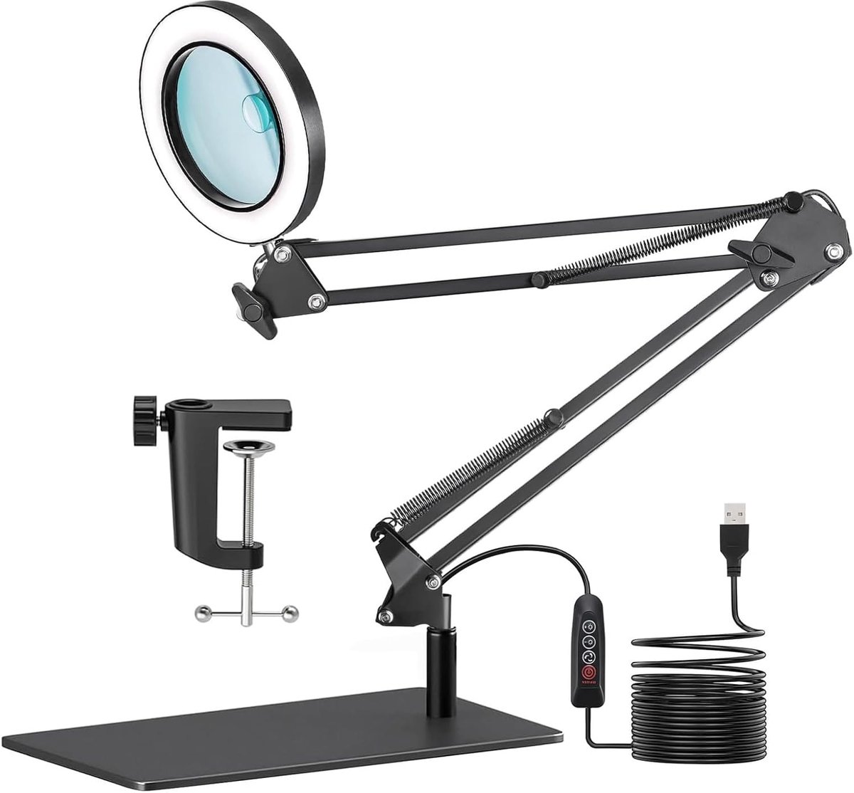 SnelShoppen - 10x Vergrootglas met HD Glazen Lens, 3 Kleuren Temperatuur, 360° Draaibare Arm, Metaal Klem en Stand, Leeslamp met Vergrootglas voor Lez