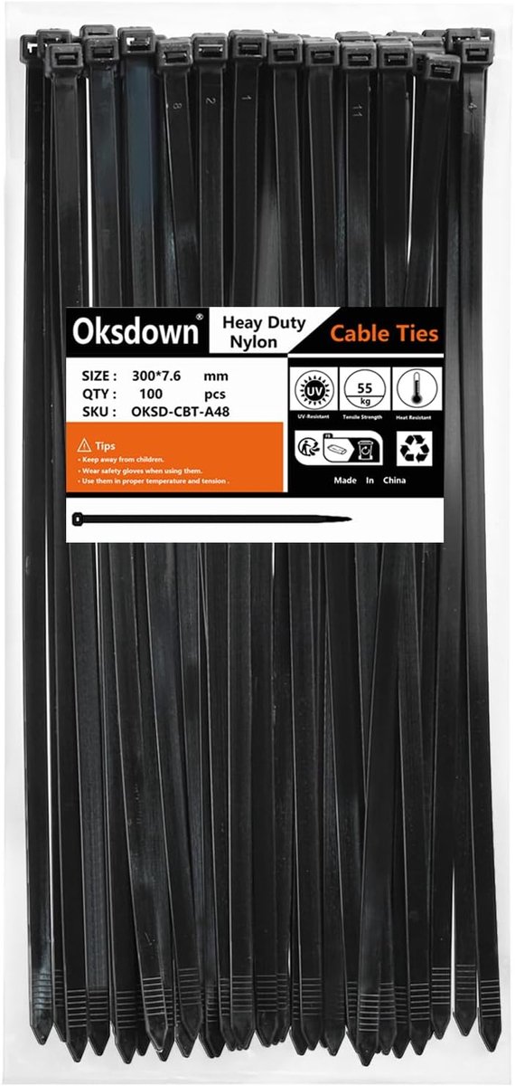 SnelShoppen - 100 Stuks Zwarte Dikke Kabelbinders Heavy Duty 300mm×7.6mm Sterk Nylon Plastic Zelfvergrendelend voor Kabelbeheer, Tuin, Kantoor en DIY