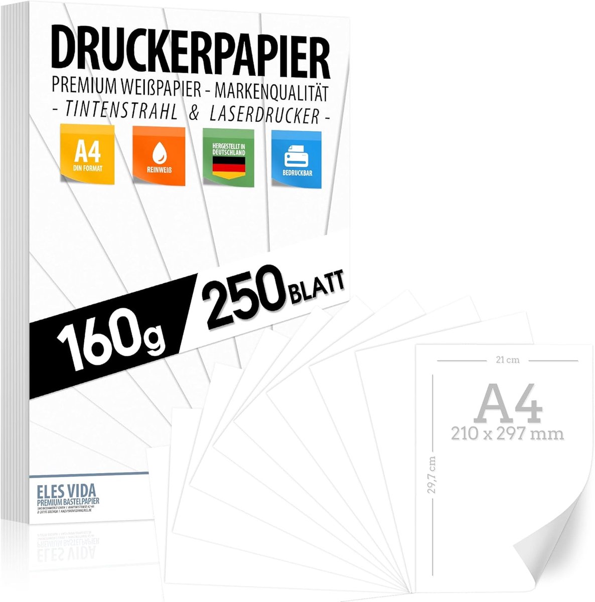 SnelShoppen - Premium Printer Paper A4 160 g Wit 250 Vellen DIN A4 (21 x 29.7 cm) Dikte Perfect voor Presentaties, Fotografie, Knutselen
