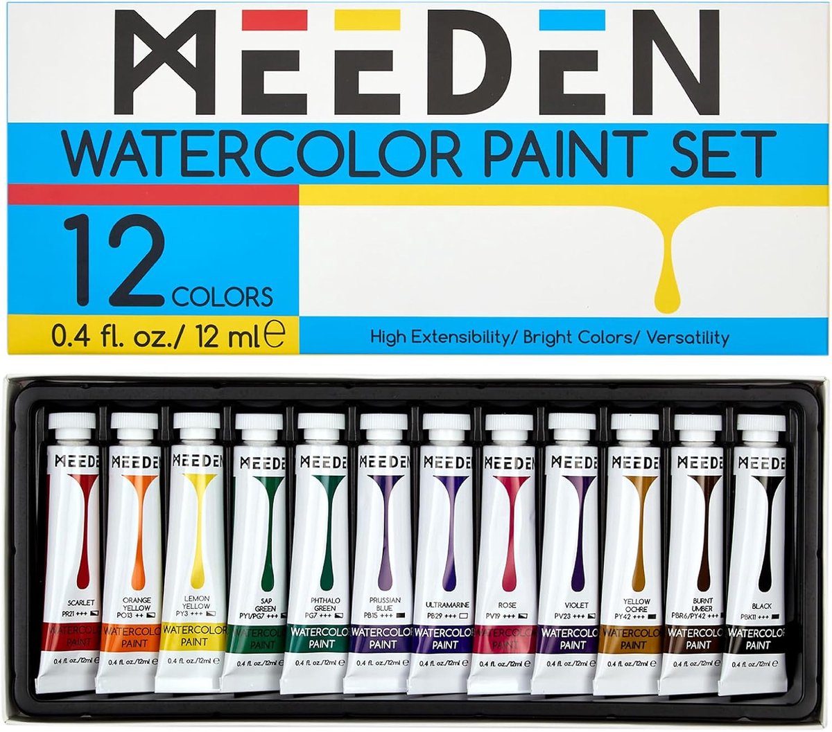 SnelShoppen - Waterverf Tubes Set 12 x 12ml - Hoogwaardige Pigmenten, Niet-Toxisch, Perfect voor Beginners, Studenten en Volwassenen - Ideaal voor Sch