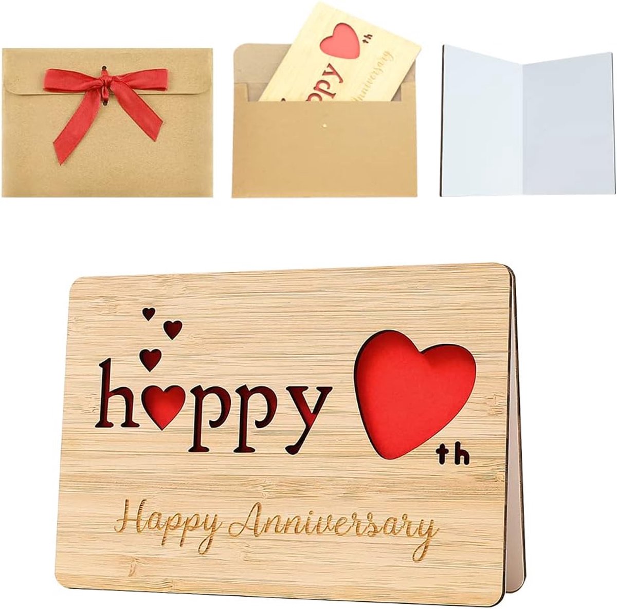 SnelShoppen - Happy Anniversary Kaart van Hout, Schrijfbare Houten Verjaardagskaart, Vouwbare Groetenkaart voor Bruiloft, Valentijnsdag, Geliefde, Man
