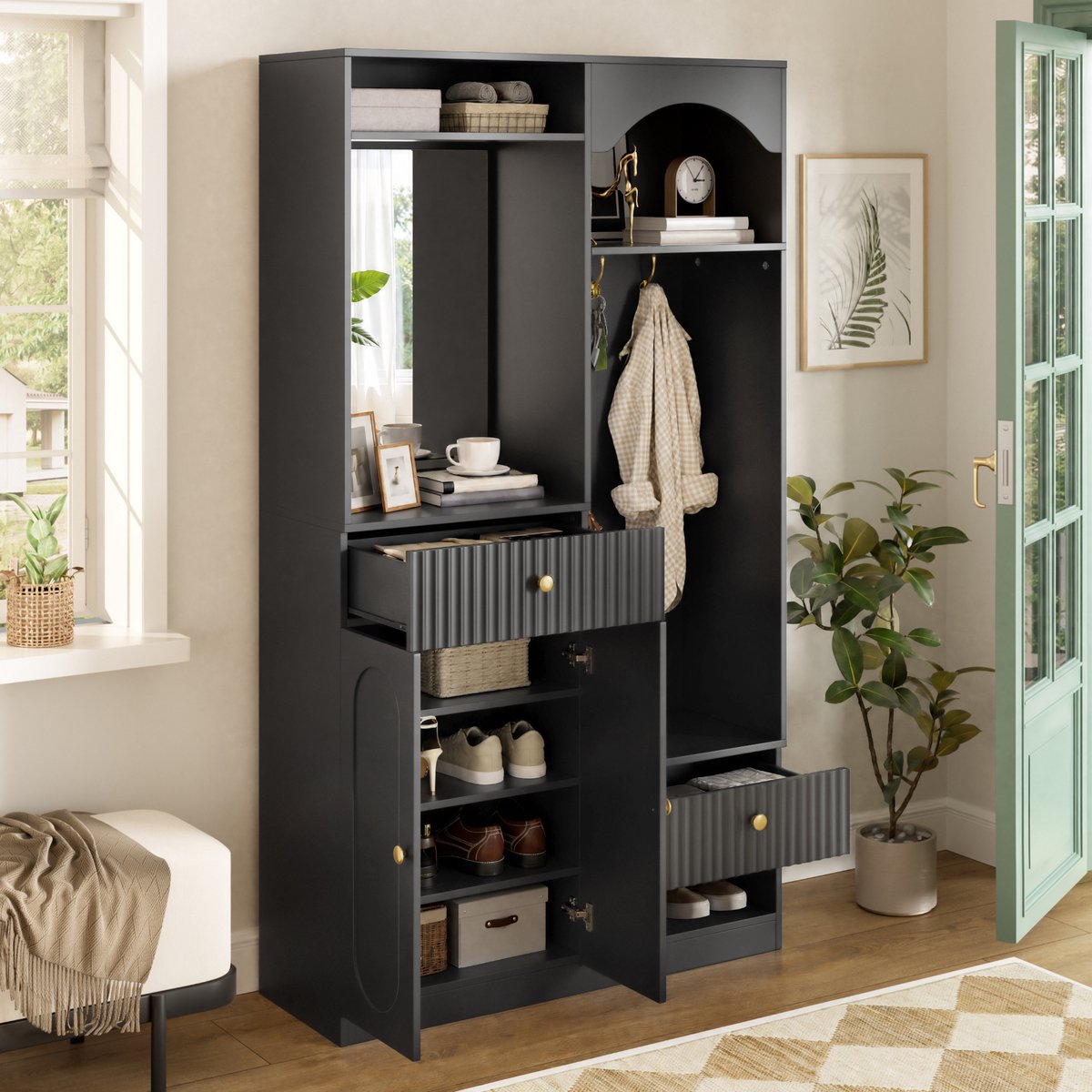 HAUSS SPOLE Schoenenkast - Met Spiegel, Zitbank En Ledverlichting - Voor Hal En Entree - MDF - 100 x 35 x 180 cm - Zwart
