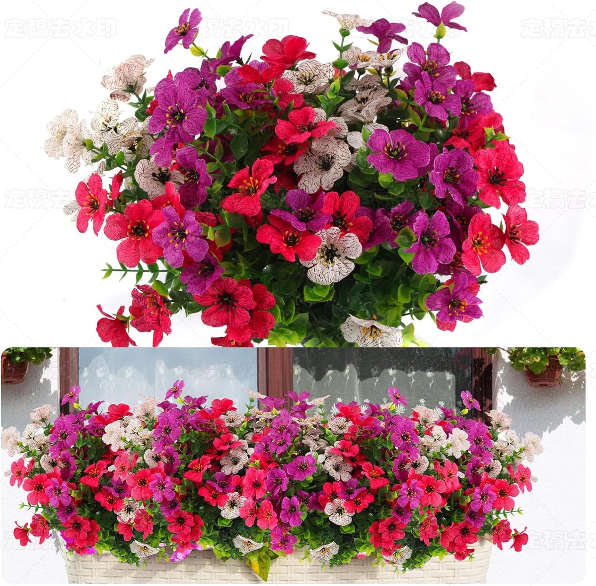 SnelShoppen - 7 Stuks Kunstbloemen Eucalyptus 36cm Paars Kunstbloemen voor Bruiloft Feest Binnen Buiten Decoratie (Magenta/Paarse/Witte Kleurenmix)