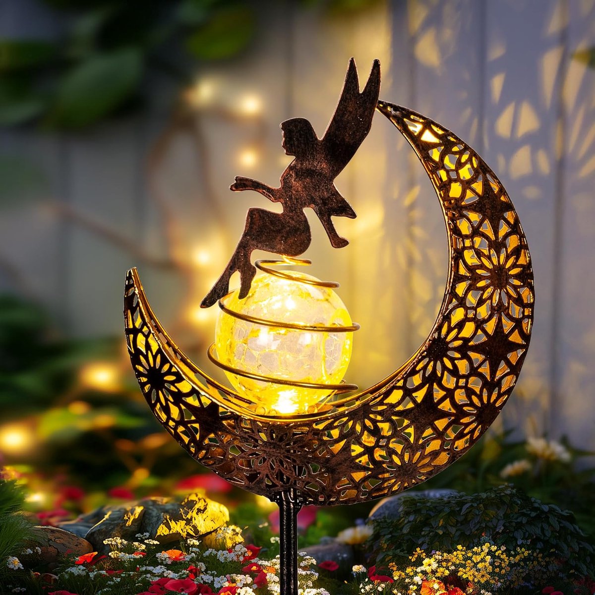 SnelShoppen - Solar Tuinverlichting Fairy en Maan, 1 Stuk Decoratieve Glasbal Stake, Waterdichte Buitenverlichting voor Tuin, Pad en Patio