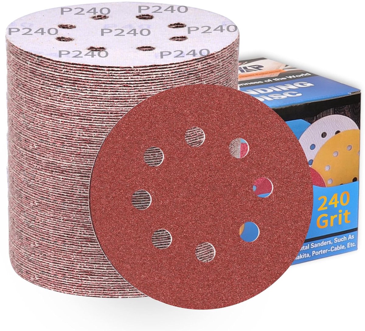 SnelShoppen - Schuurdiscs 125mm 100 stuks Korrels 240 Bruin Rood Aluminium Oxide Schuurpapier Ronde 8 Gaten voor Excentrische Schuurmachine