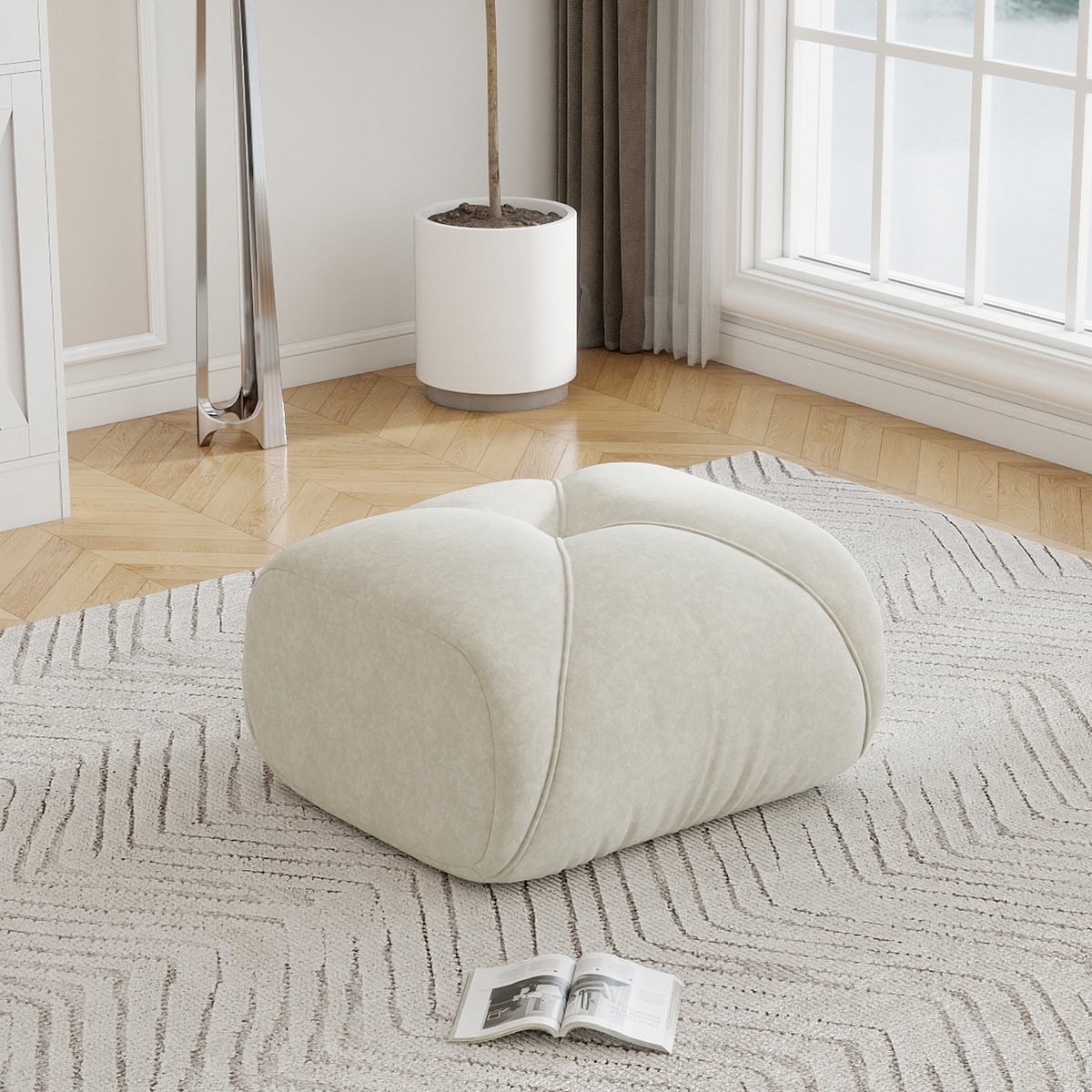 MIVRAY Voetenbankje – 78 x 76 x 45 cm – Zachte Chenille Look – Stof – Lichtbeige – Voor Binnen als Ottoman en Extra Zitplek