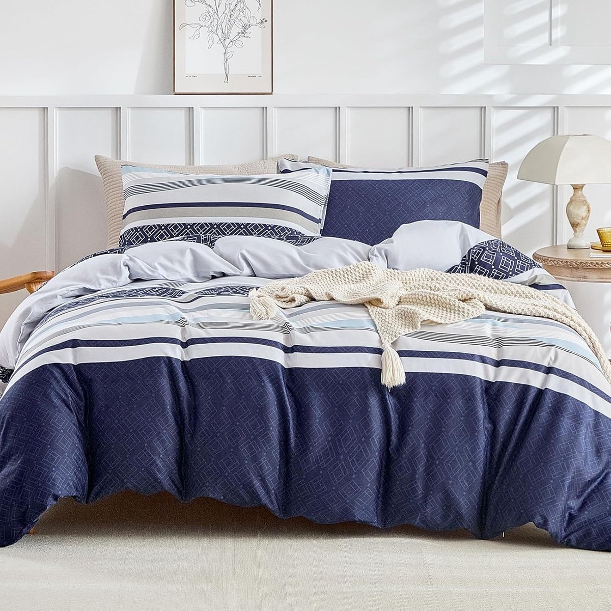 SnelShoppen - Duvet Cover 260x240 cm Set - Bohemian Microfibre Dekbedovertrek met 2 Kussenslopen 65x65 cm - Blauw/Wit - Perfect voor Slaapkamer en Dag