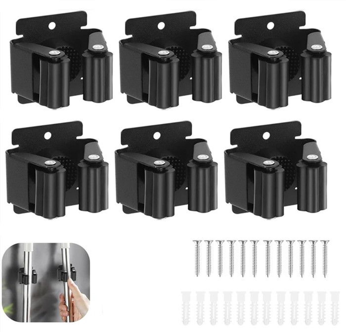 Wandgemonteerde bezem- en dweilhouders, Geschikt voor badkamers, keukens, kantoren, tuinen en garages - set van 6, zwart.