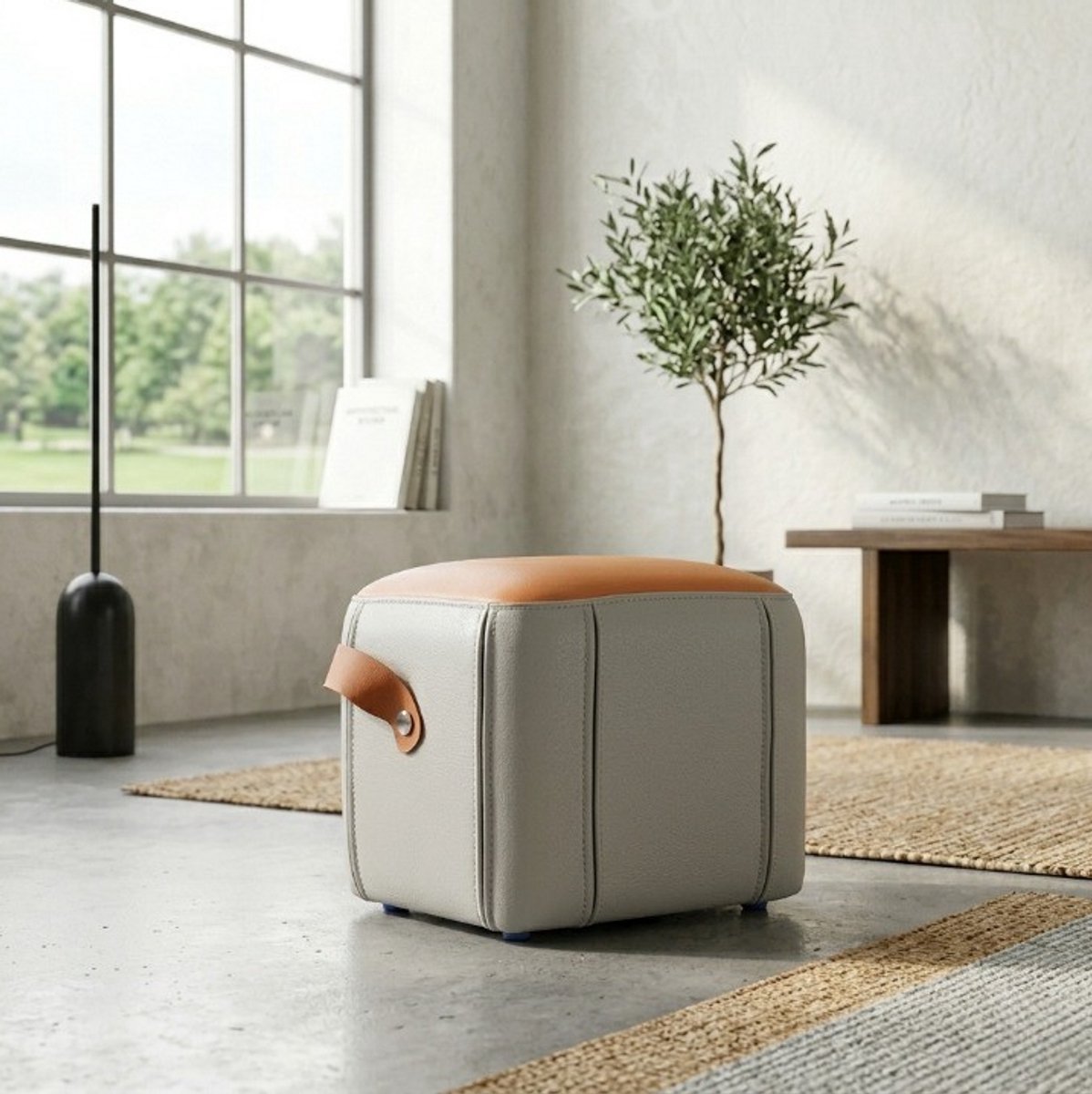 OKWISH Voetenbankje – Met Handgreep – 31,5 x 24 x 29 cm – Kunstleer – Grijs Met Oranje – Gepolsterd Voor Woonkamer En Slaapkamer