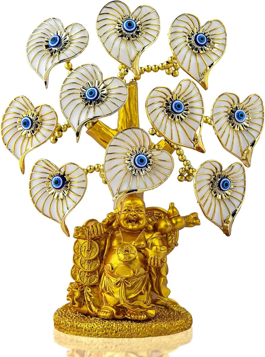 SnelShoppen - Blue Evil Eye Geldboom met Gouden Boeddha Beeld en Witte Kunstbloemen - Home Office Decoratie voor Bescherming en Geluk - 24 cm