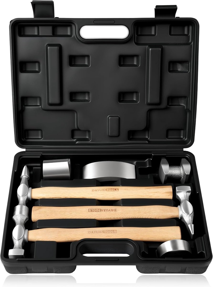 SnelShoppen - 7-delige Auto Body Reparatie Hamer en Dolly Set - Professionele Panel Kloppen Hamer voor Auto Carrosserie en Dent Reparatie - Duurzaam e