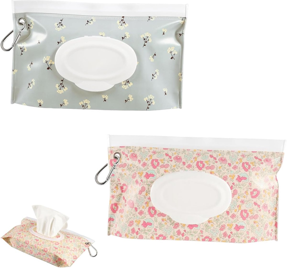 SnelShoppen - 2 stuks herbruikbare vochtige doekjestassen voor baby's, natte doekdispenser met bloemenpatronen, perfect voor reizen en transport