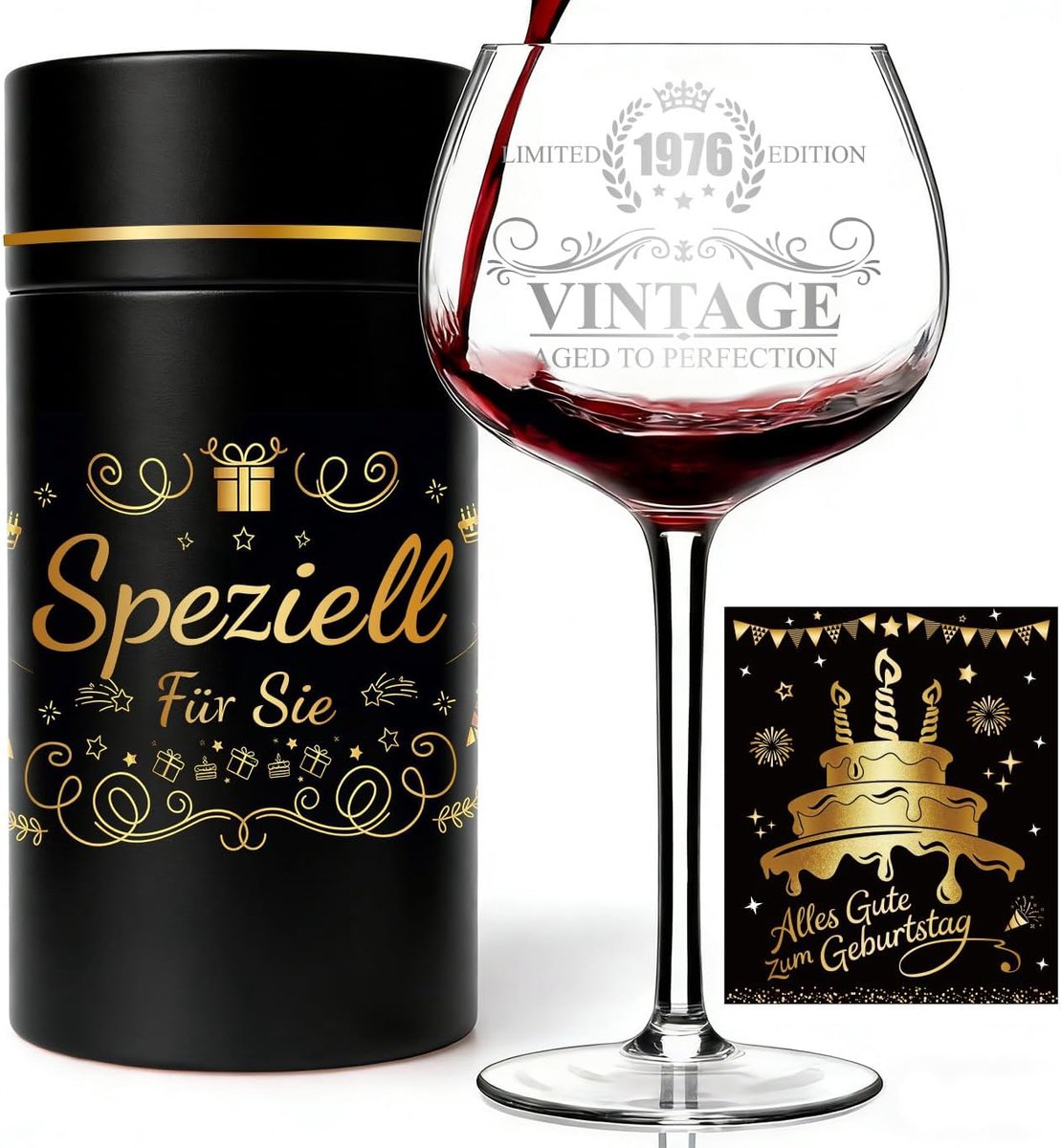 SnelShoppen - Wijnglas met gravure "Vintage 1976" - Limited Edition, Premium Geschenkdoos voor 50 jaar, Kristal, Elegante Zwart met Gouden Motieven