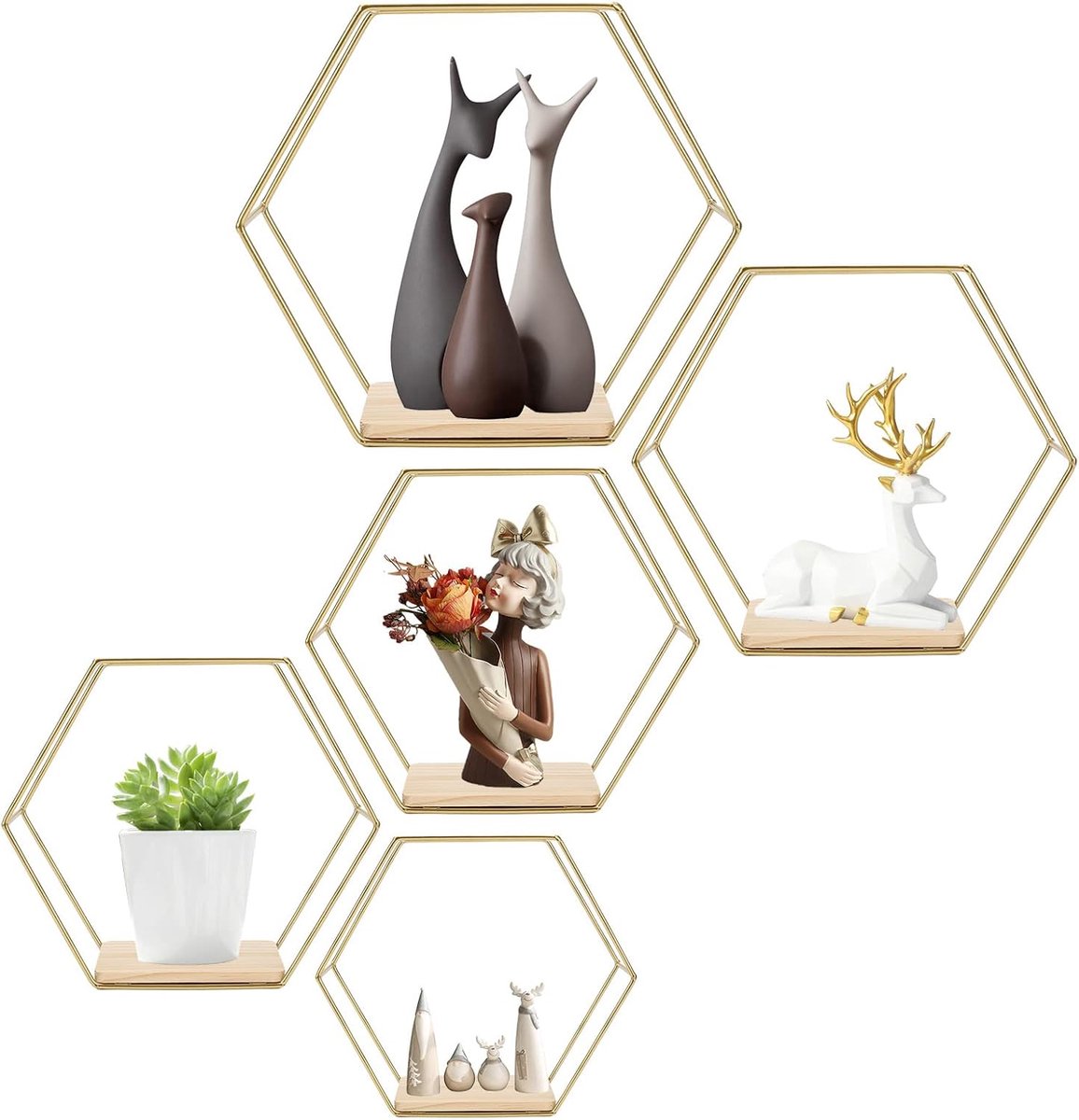 SnelShoppen - WingFly Hexagon Wandplank, Houten Plank, Metaal, 5 Maten, Hangende Plank, Vloeiende Plank, Lattice Plank, Wanddecoratie, Decoratieve Pla
