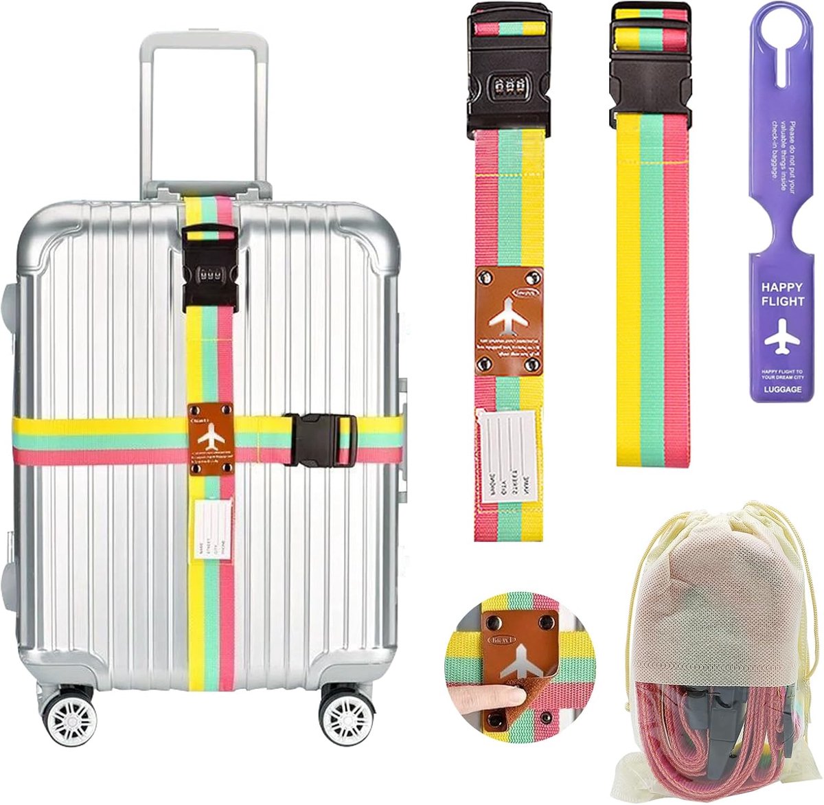 SnelShoppen - 2 Stuks Kofferspanners met Cijferslot, Luggage Straps voor Reisbagage, Gepersonaliseerde Kofferspanners met Bagagetags, Reisaccessoires