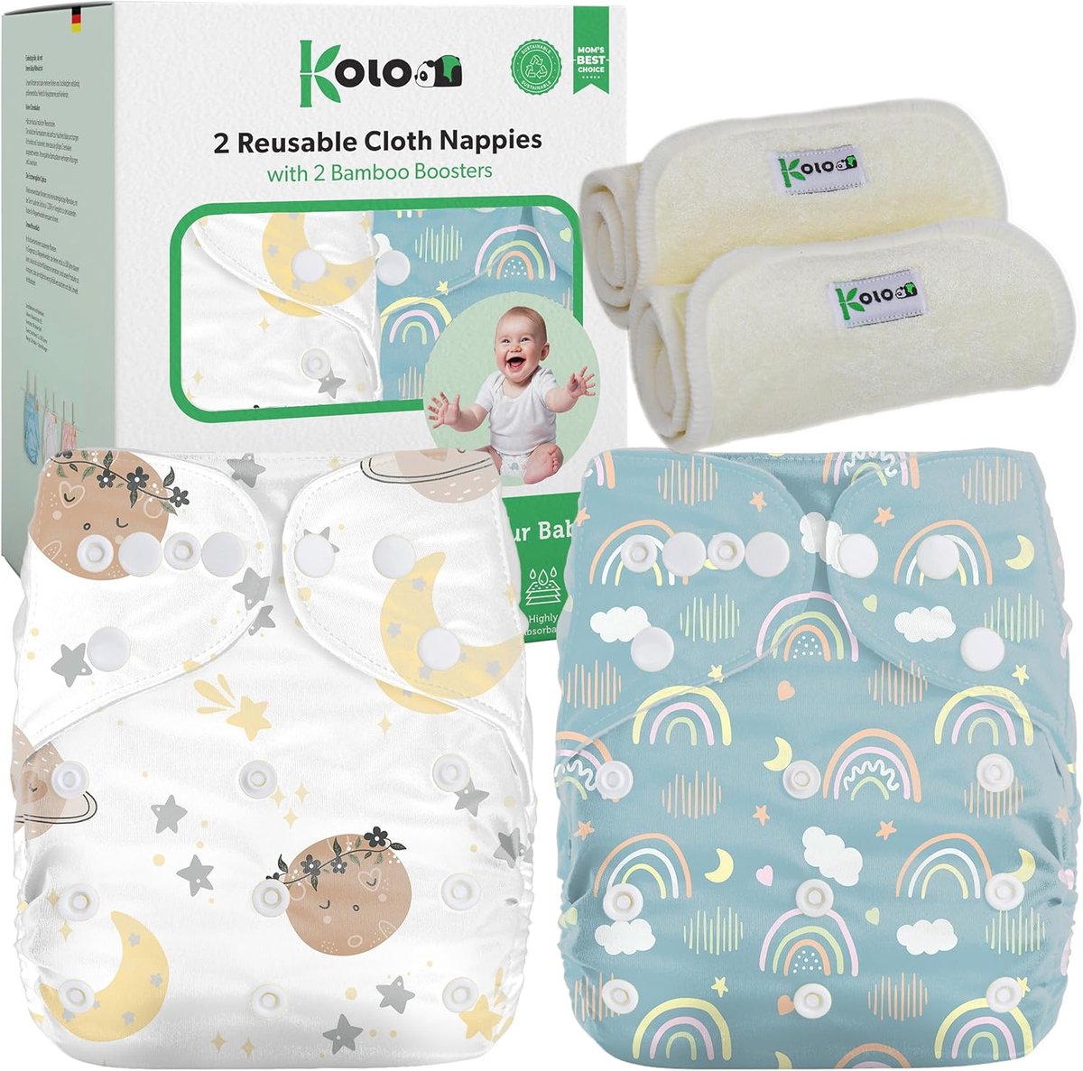SnelShoppen - Herbruikbare luierset voor kinderen en baby's: 2 verstelbare luiers met binnenzak + 2 absorberende bamboe-inleggers, unisex maat, 100% m