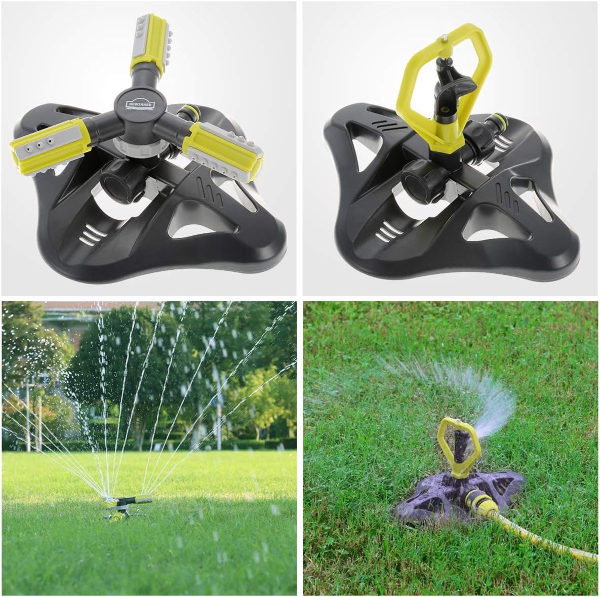 SnelShoppen - Sprinkler voor Tuin, 360 Graden Rotatie, Automatische Irrigatie met 3 Verstelbare Armen, 2 Rond Nozzles, Zwart en Geel, ABS Materiaal, B