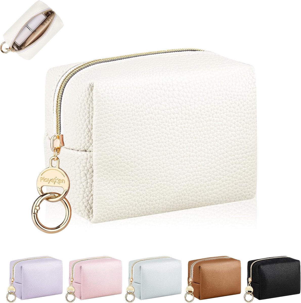 SnelShoppen - Mini Makeup Bag - Kleine Make-Up Tas voor Vrouwen - Waterdichte PU Leren Cosmetica Case - Handige Reistas - Beige - Perfect voor Feest,