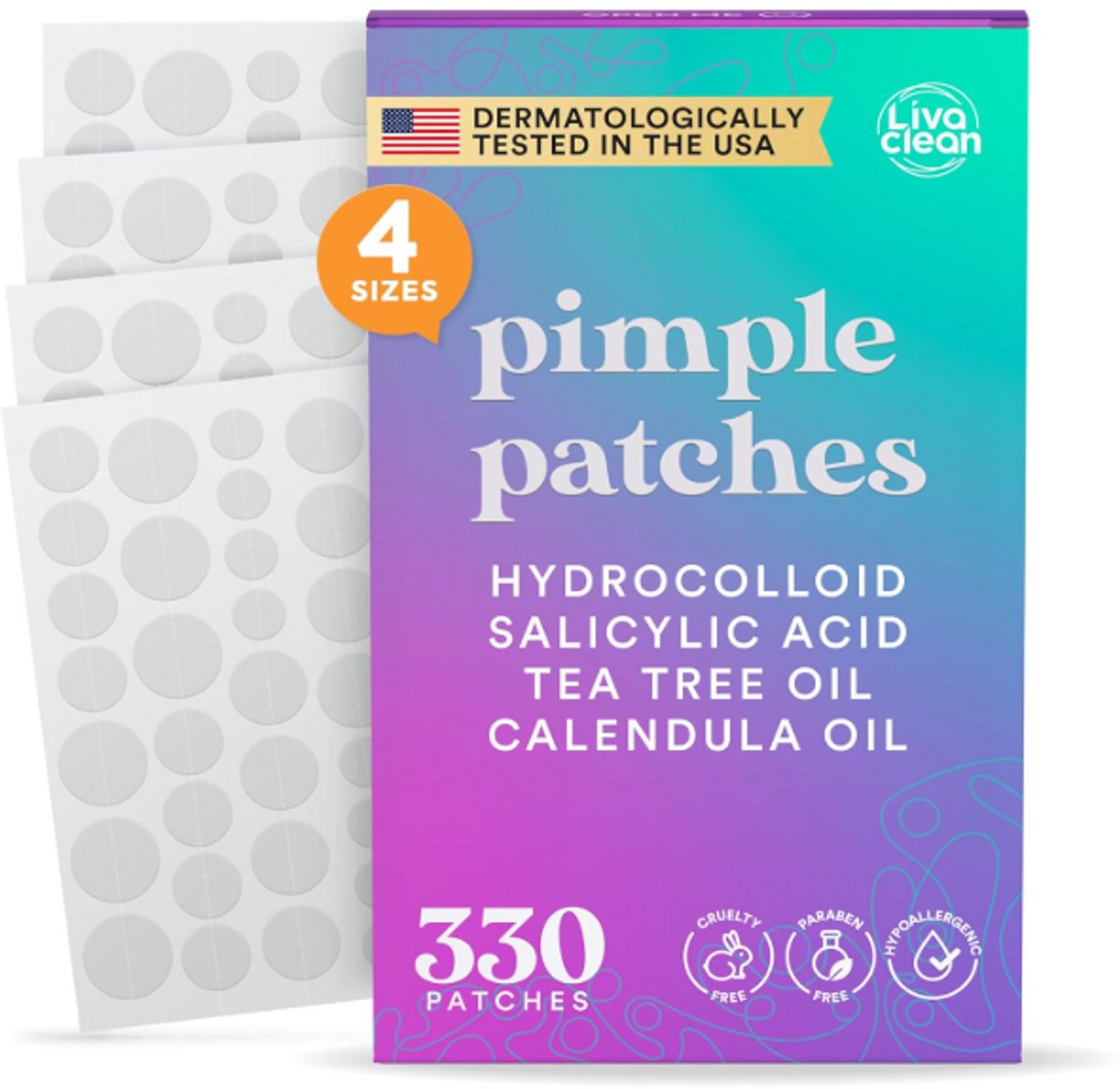 LivaClean Acne Patches 330 Stuks – Hydrocolloïde Puistjespleisters met Salicylzuur, Tea Tree & Calendula – 4 Formaten – Transparante Pimple Patches voor Gezicht