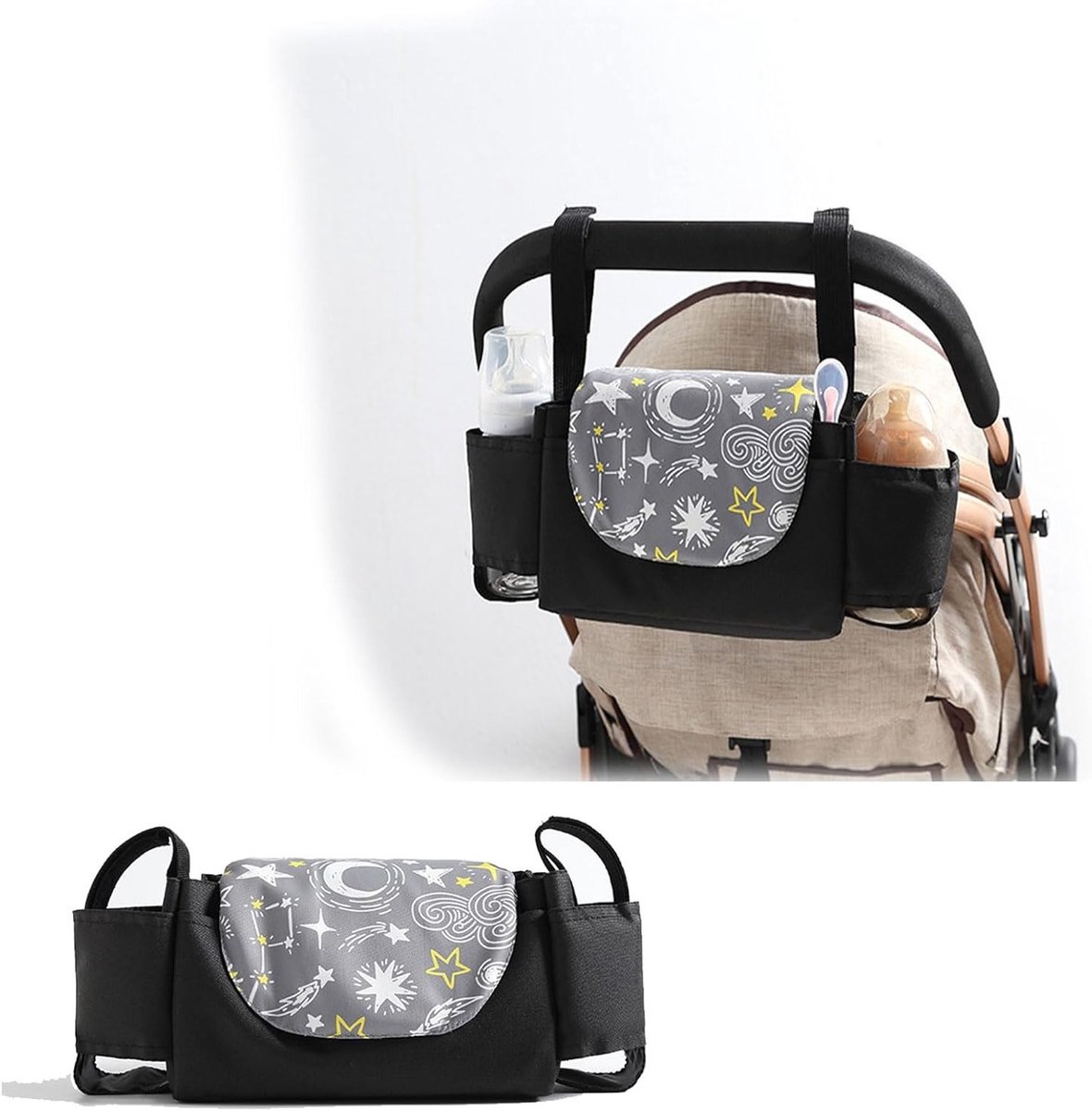 Draagbare kinderwagen tas met 2 geïsoleerde bekerhouders en opbergruimte voor luiers en telefoon, zwart, 35 x 11 x 15 cm