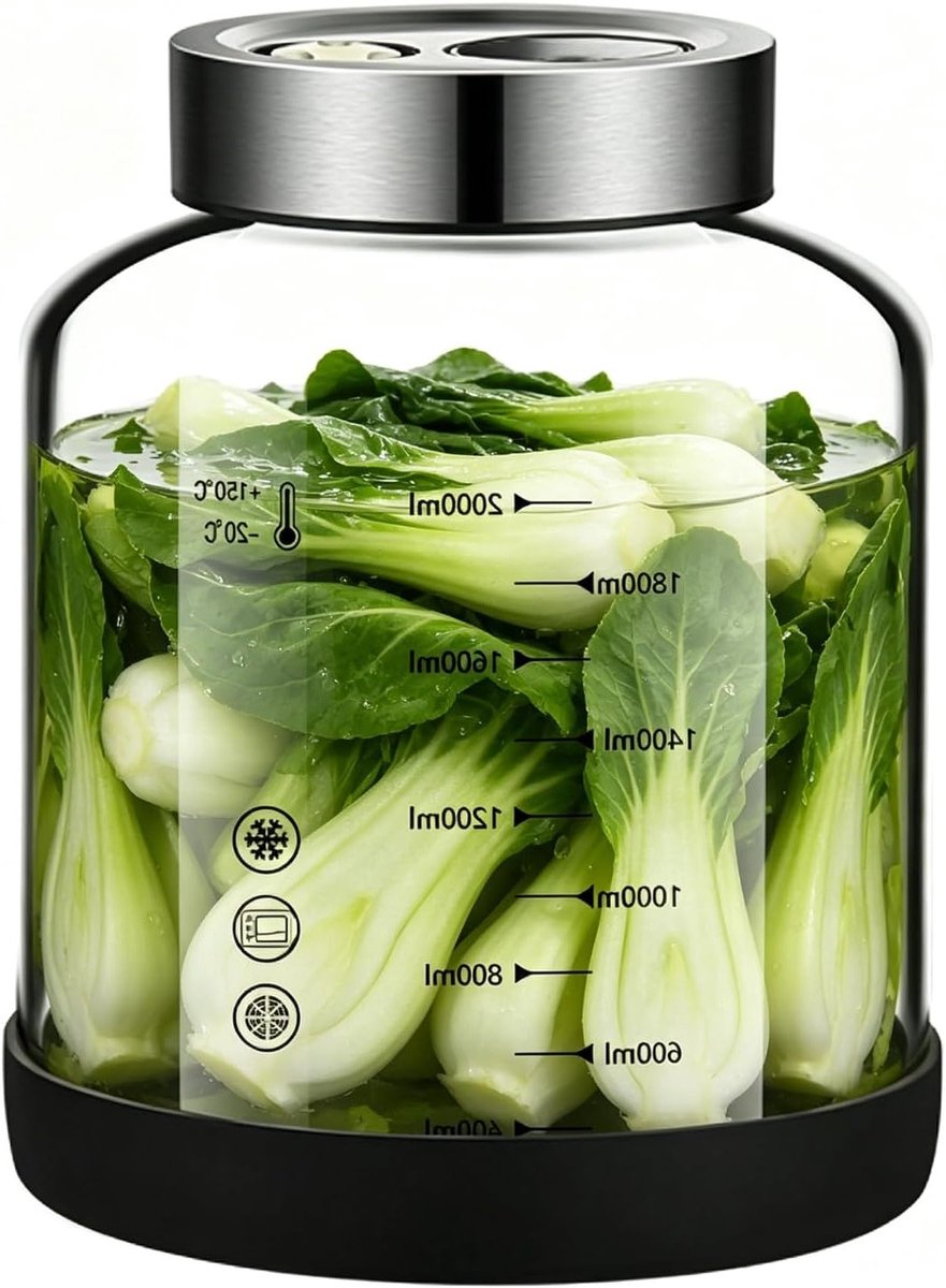 Fermentatieglas 2 liter met deksel en ventiel voor kimchi, zuurkool en inmaakprojecten