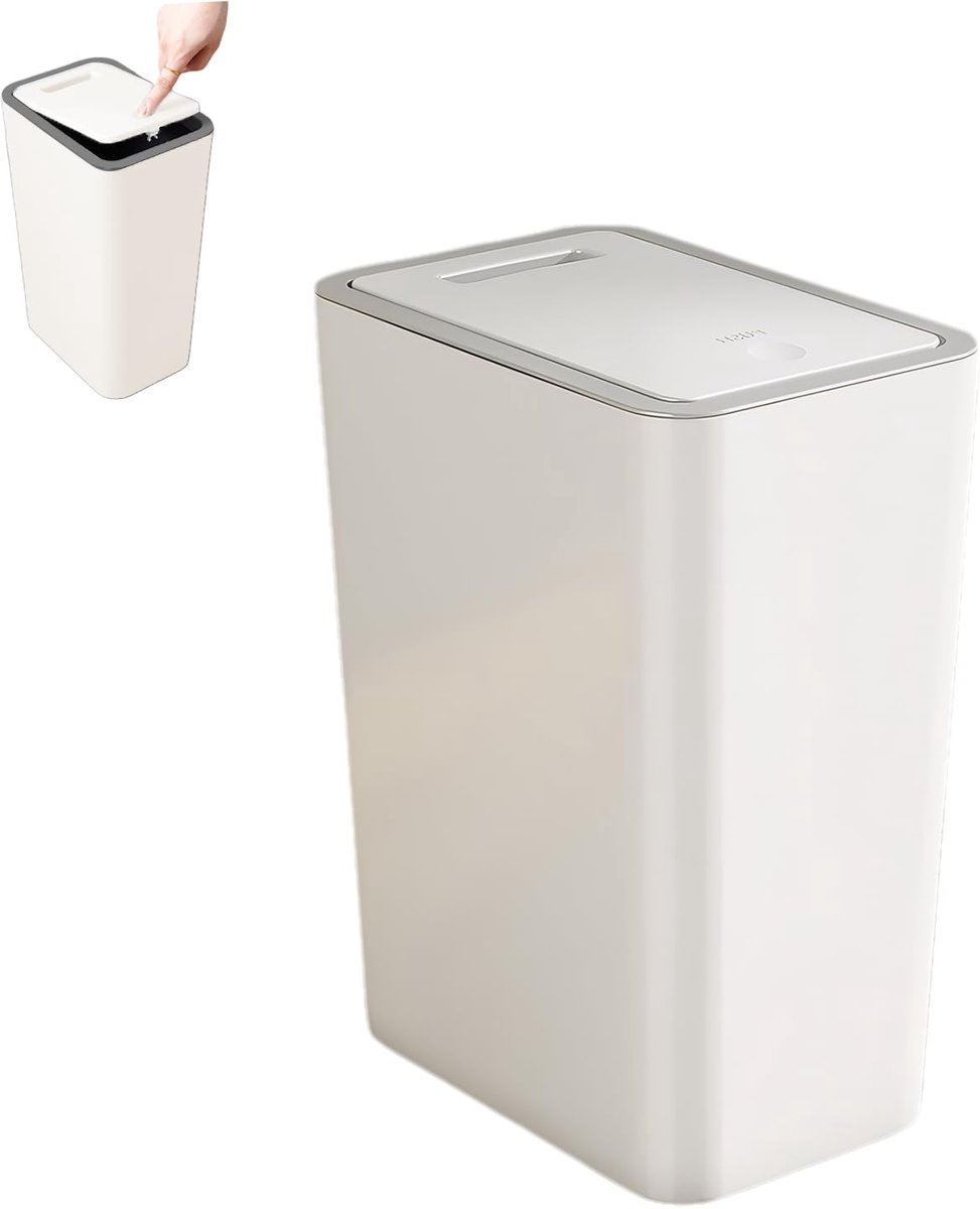 SnelShoppen - 10 Litre Badkamer Prullenbak Smalle Afvalbak met Deksel, Geurproof Vuilnisemmer voor Badkamer, Keuken, Kantoor, Woonkamer, Toilet (Wit)