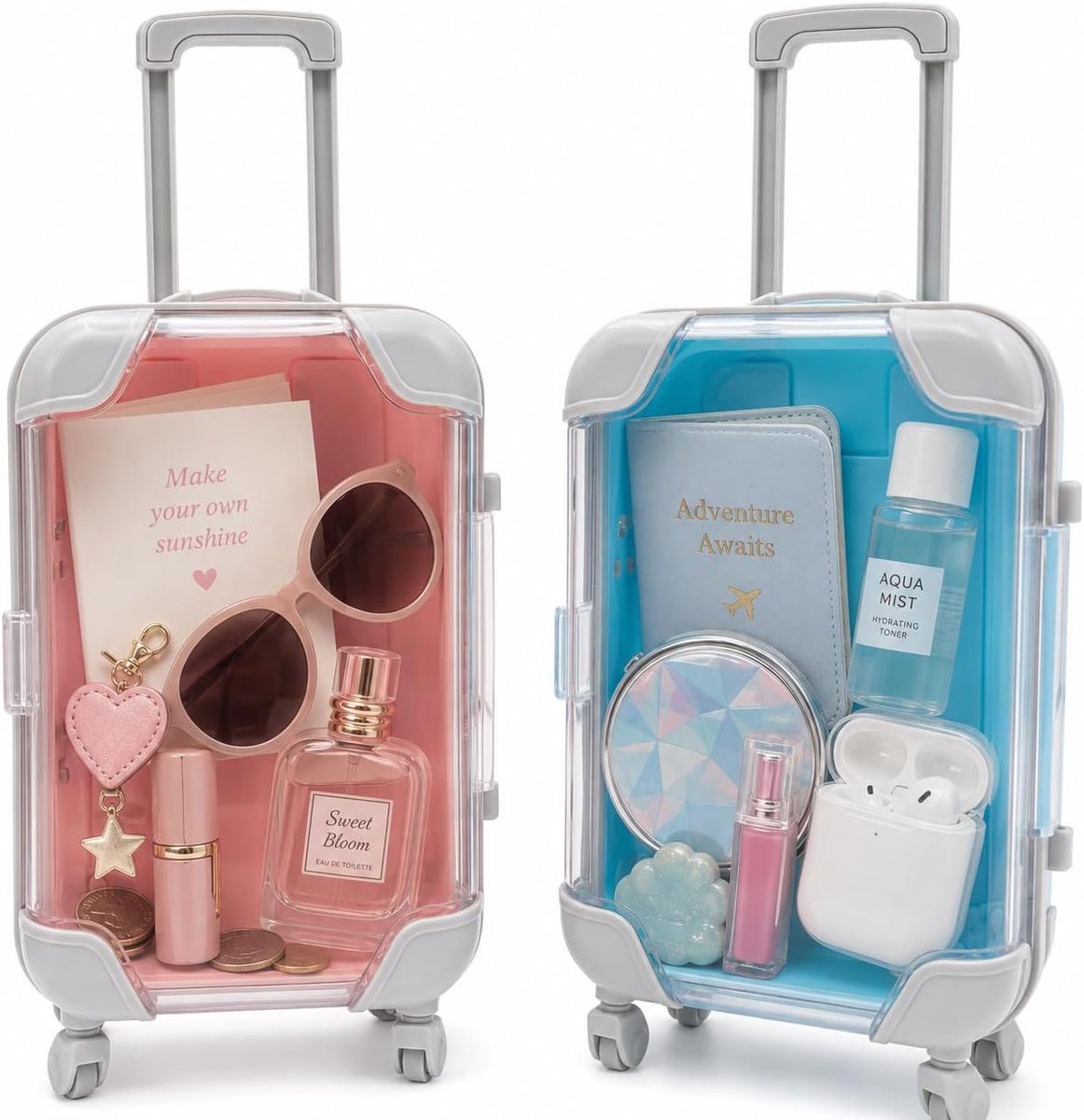 SnelShoppen - Mini Kofferset, 2 Delige Geld Koffer, Reis Cadeau, Spaarpot voor Kinderen, Blauw/Roze, Ideaal voor Feest en Reis