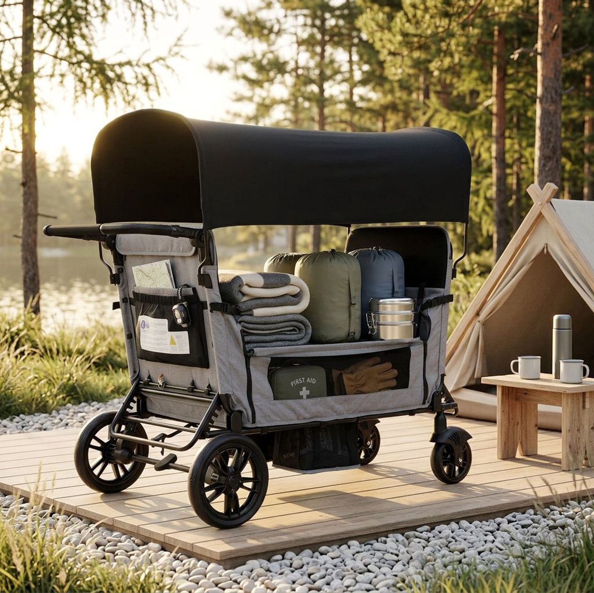 DESMIU Kinderwagen - 4 Zitplaatsen Met Ligfunctie - 138 x 126 x 72 cm - Metaal En Stof - Lichtgrijs - Opvouwbaar Voor Uitstapjes