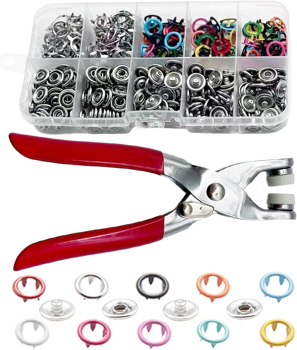 Drukknopset met tang, 9,5 mm holle metalen drukknopen voor naaivrij knutselen, kinderkleding en tassen (kleur, 100)