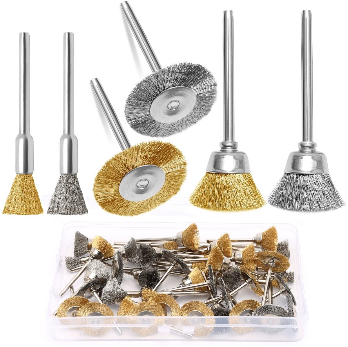 Set van 48 Stuks Mini Draadborstels en Wielen voor Polijsten en Schoonmaken van Metaal, Roest en Gereedschap met 1/8 Inch (3mm) Schacht