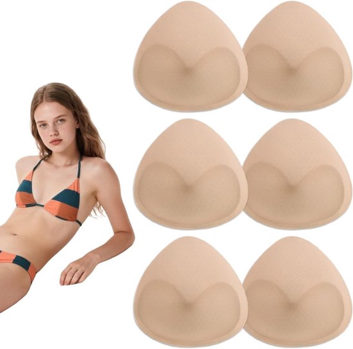 Drie paar beige driehoekige bh-insert pads voor extra ondersteuning en comfort