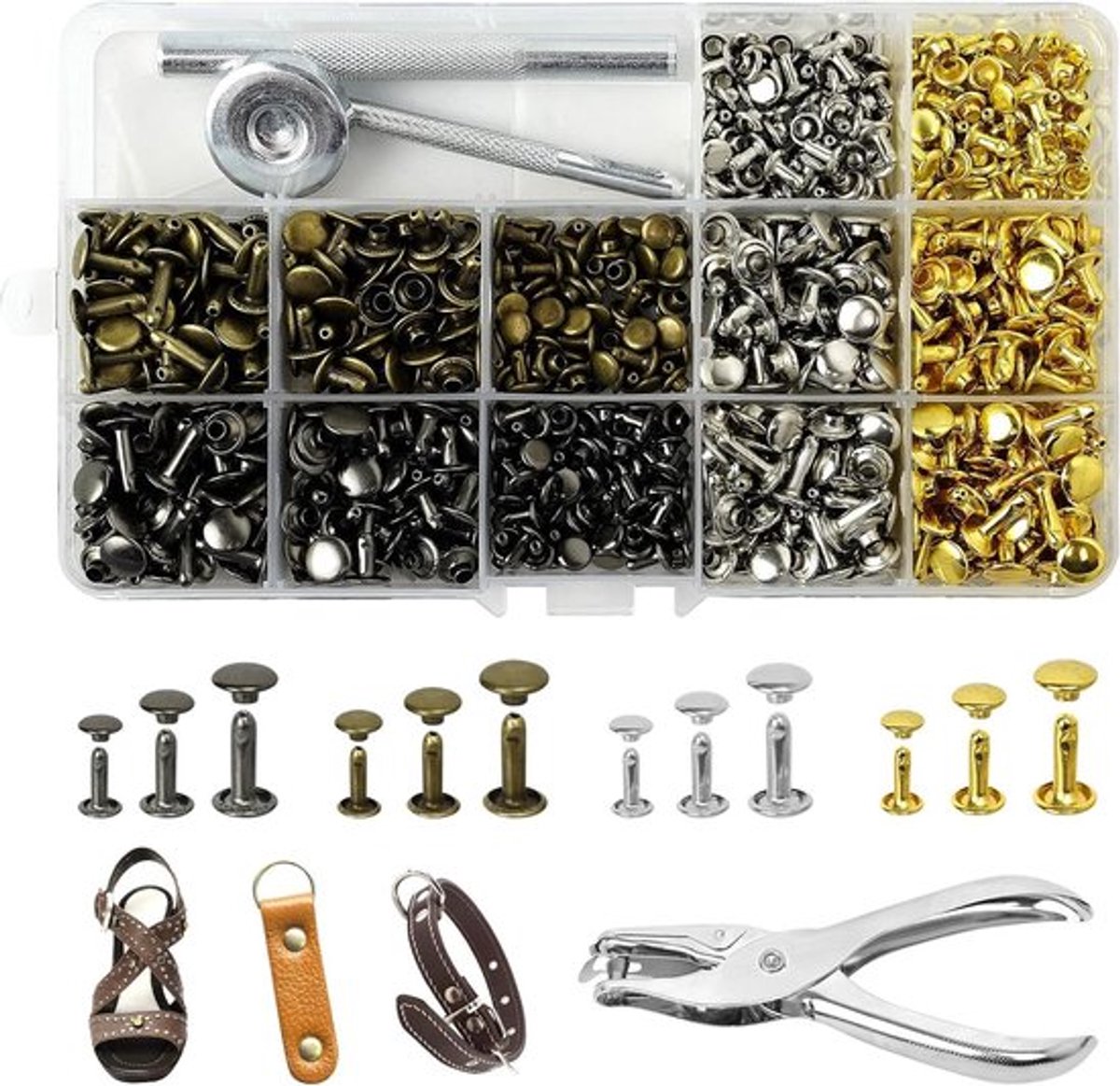 Lederen klinknagels set - 360 stuks - holle en buisklinknagels - vervangende DIY klinknagels met gereedschap voor reparatie