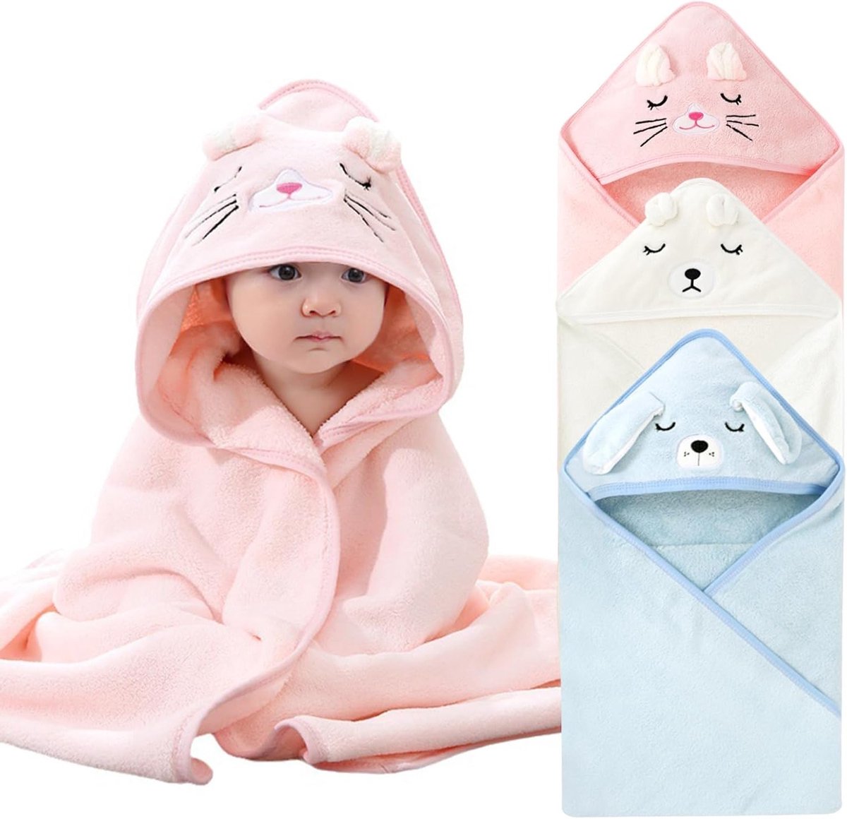 Zachte Baby Badcape Set van 3 Stukken met Sterke Absorptie, Machinewasbaar en Geschikt voor 0-5 Jaar (80 x 80 cm)