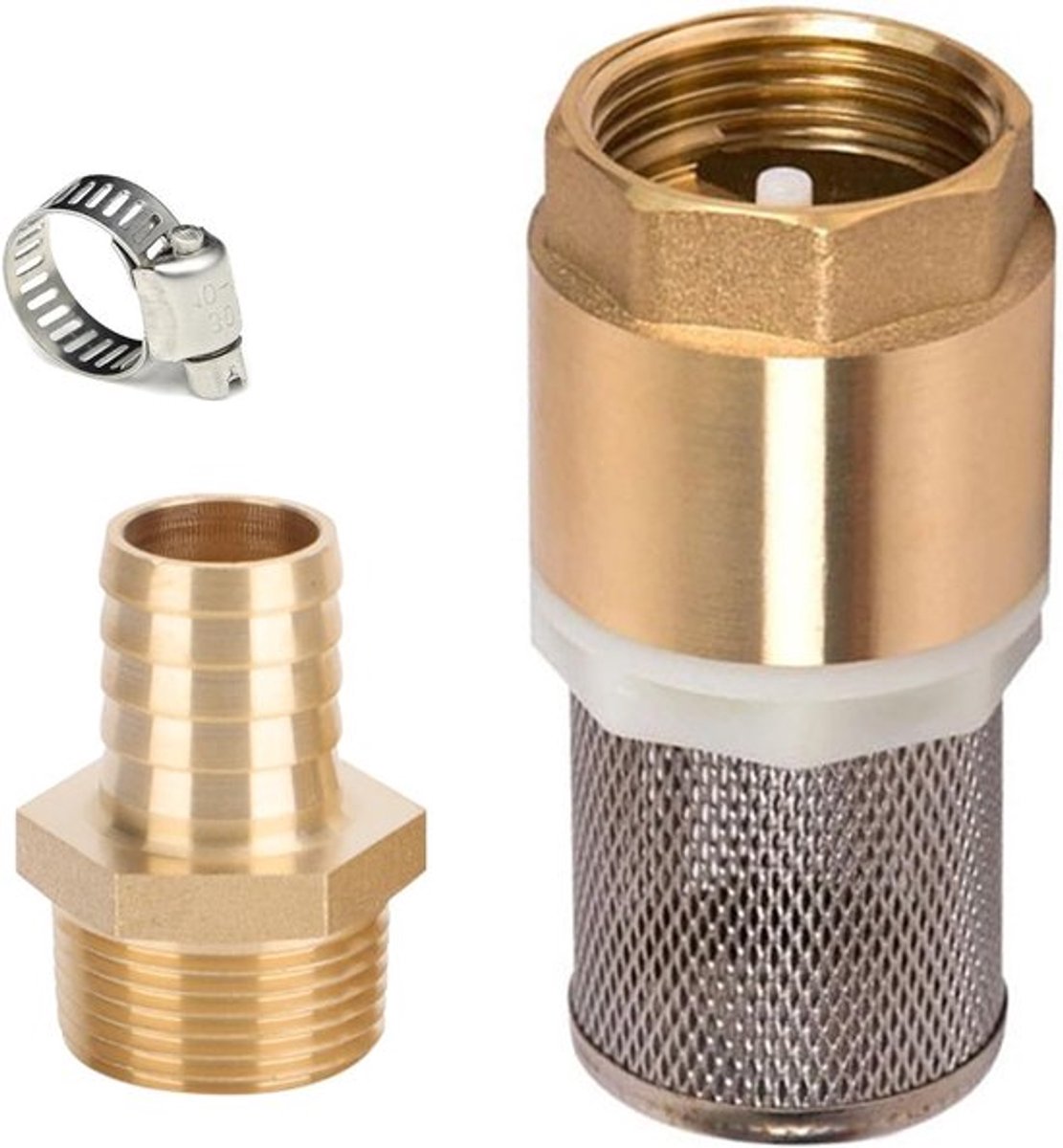 Koperen terugslagklep 1/2", zuigfilterset met voetklep, zuigmand, slangaansluiting en slangklem voor optimale waterdoorstroming en installatiegemak